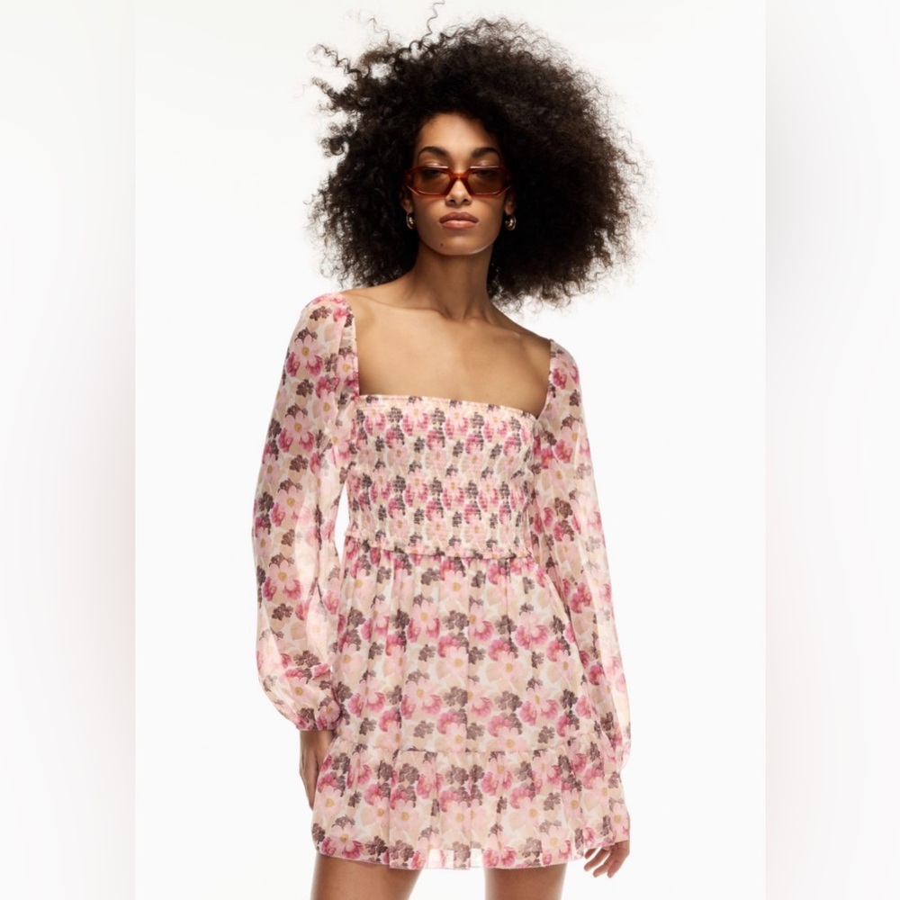 NWT Aritzia Wilfred Tempest Mini Dress S Pink Floral Square Neck Long-Sleeve